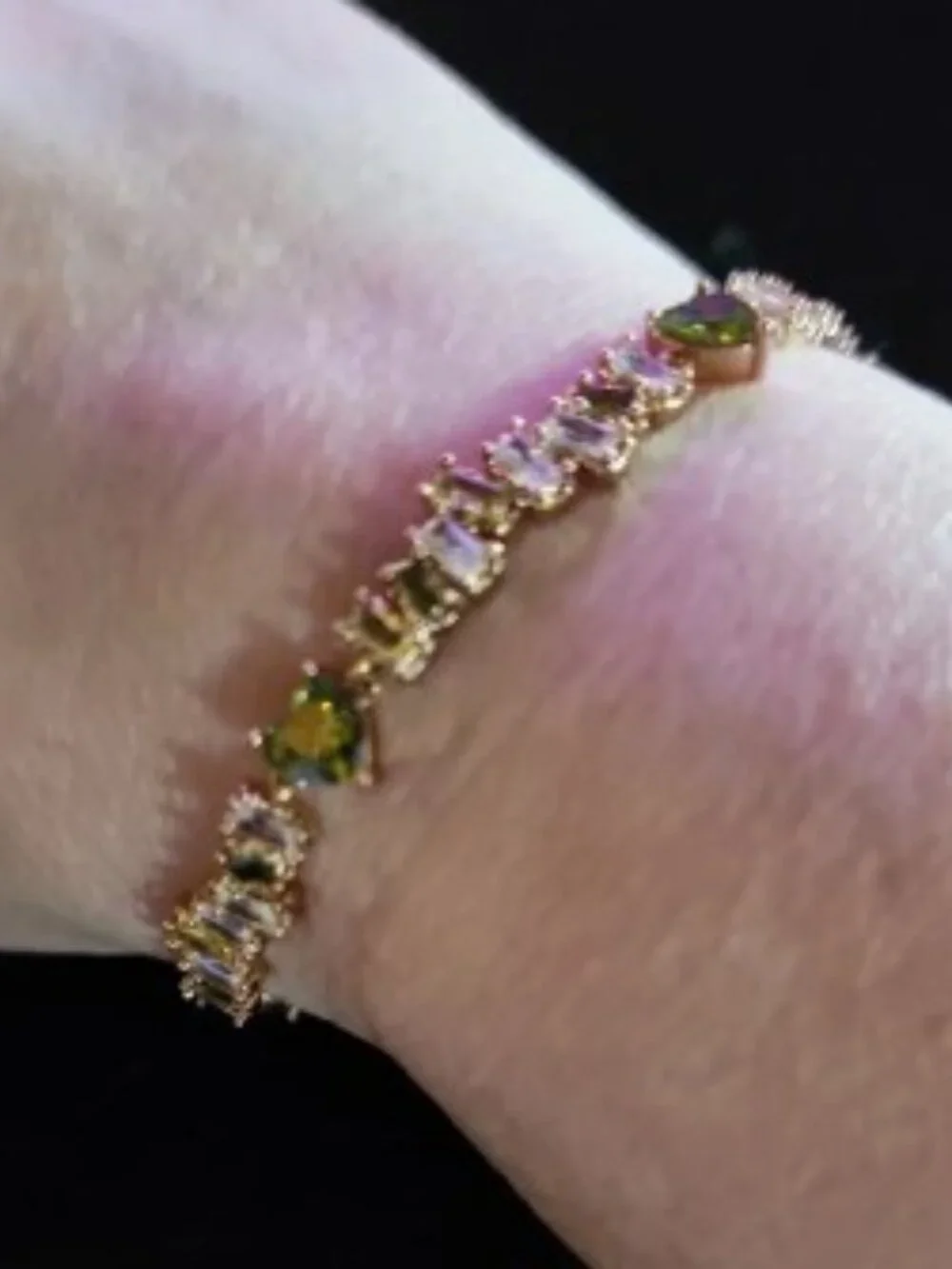 Silver Heart & Baguette Crystal Tennis Bracelet - Peridot & White